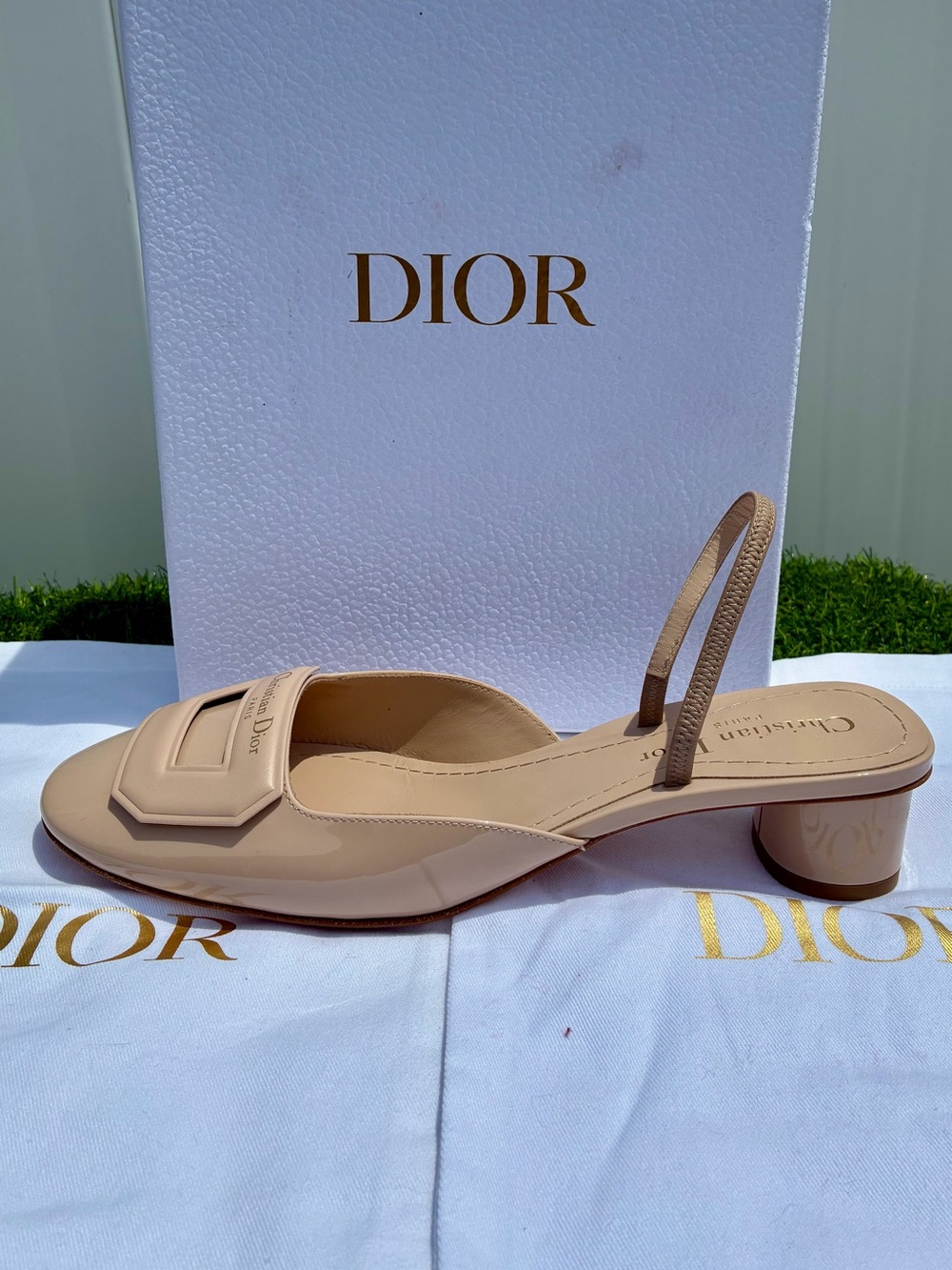 DIOR DAY SLING BALLERINA PUMP NEUTRAL BEIGE CALF PAT. LEATHER LOGO SZ 38.5 NEW - Picture 10 of 16